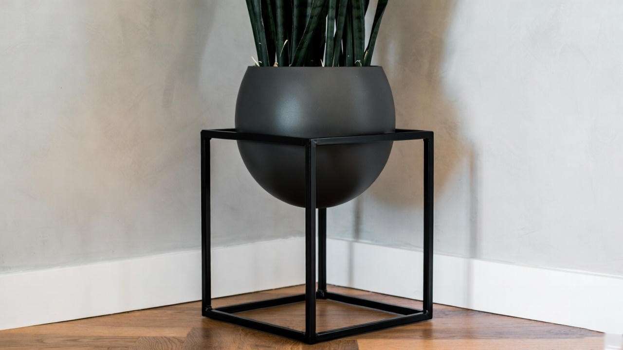 Matte ceramic sphere planter with snake plant on a black geometric stand in a hallway.