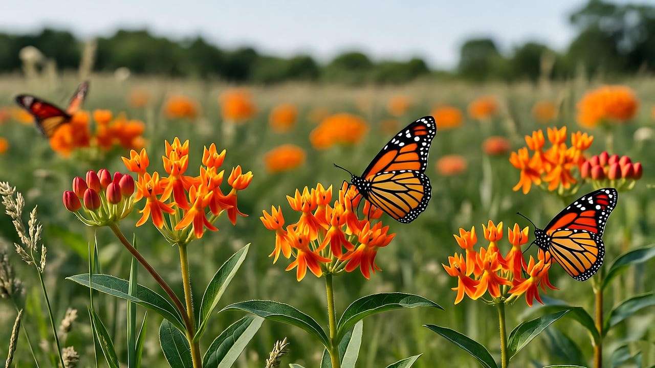 Orange butterfly weed flowers with monarch butterflies in a sunny meadow, highlighting pollinator-friendly blooms.