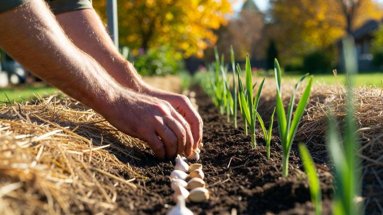 Gardener planting fall garlic cloves in a garden bed with straw mulch, showing proper depth and spacing in an autumn setting.
