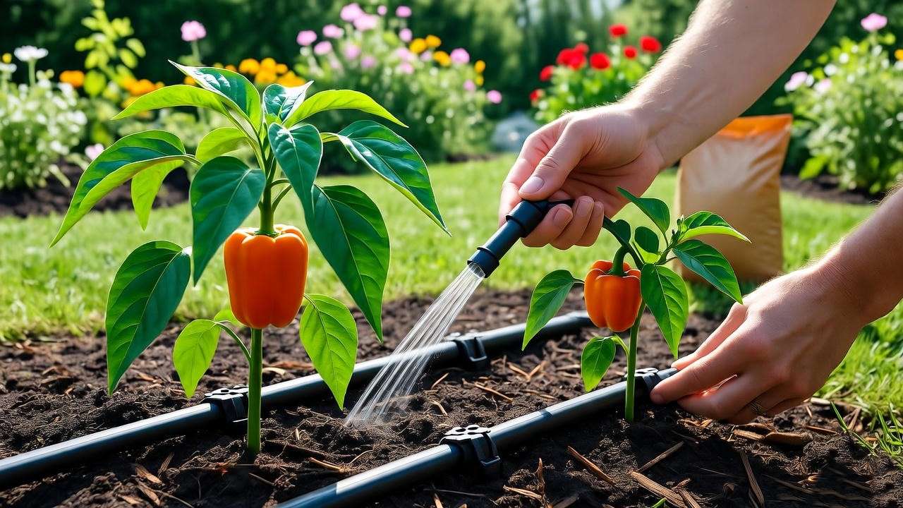 Gardener watering orange bell pepper plants with drip irrigation in a sunny garden, with organic fertilizer nearby for optimal growth.