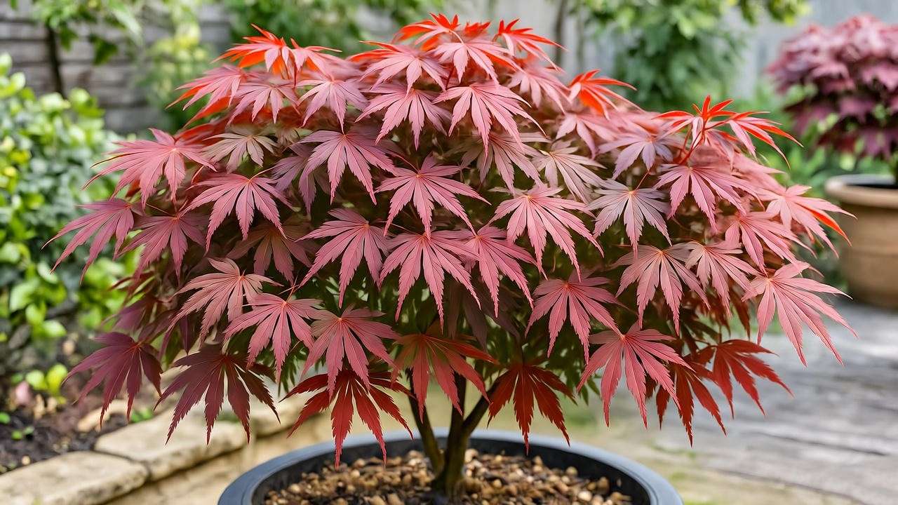 Potted Japanese maple tree with vibrant red leaves on a patio, showcasing proper container care.