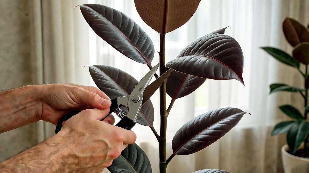 Close-up of pruning an indoor rubber plant with shears, cutting above a leaf node for healthy growth.
