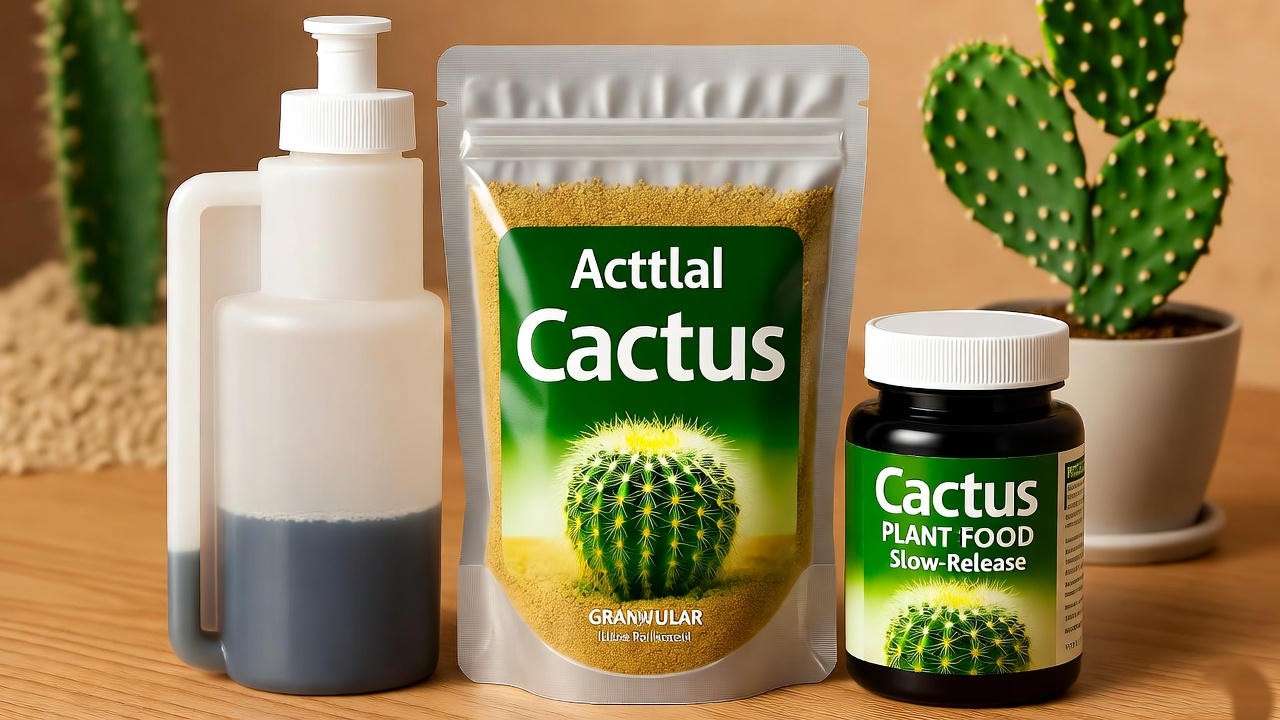 Liquid, granular, and slow-release cactus plant food products on a table with a potted cactus, highlighting fertilizer options. 