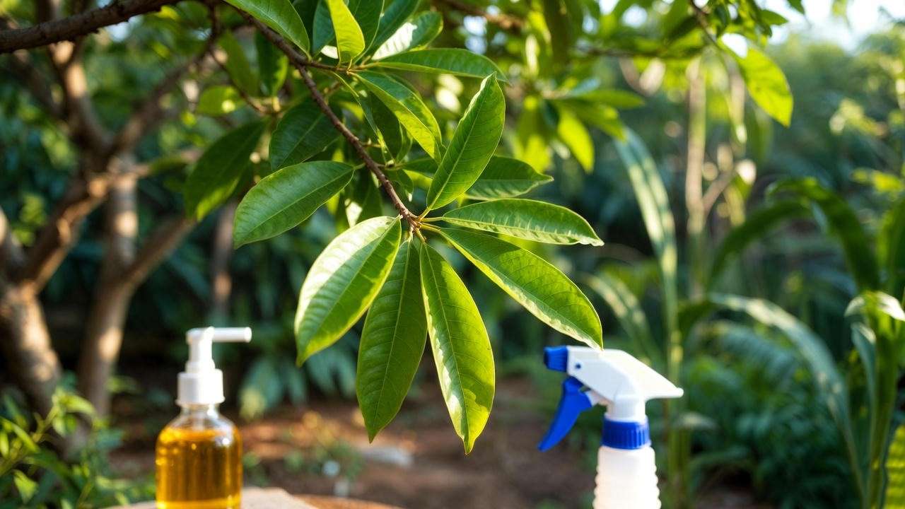 Healthy lychee nut tree branch with neem oil for pest control in a garden. 