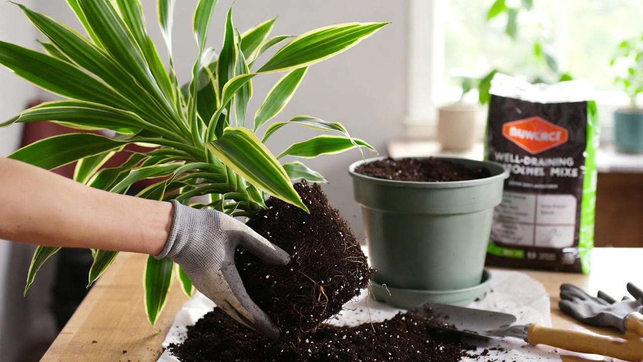 Repotting an indoor Dracaena plant with fresh soil and a new pot, showing tools and a well-draining mix on a wooden table.
