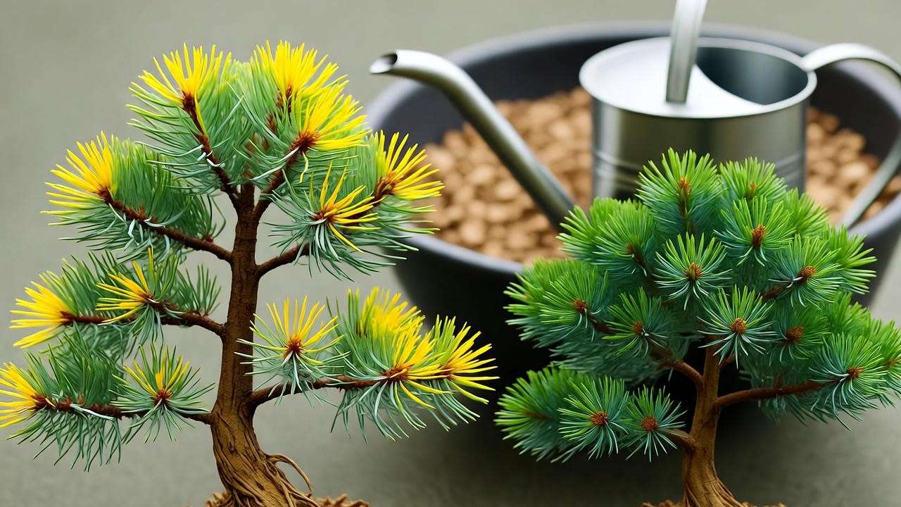 Comparison of a struggling red wood bonsai with yellowing needles and a healthy one, with watering can and soil.
