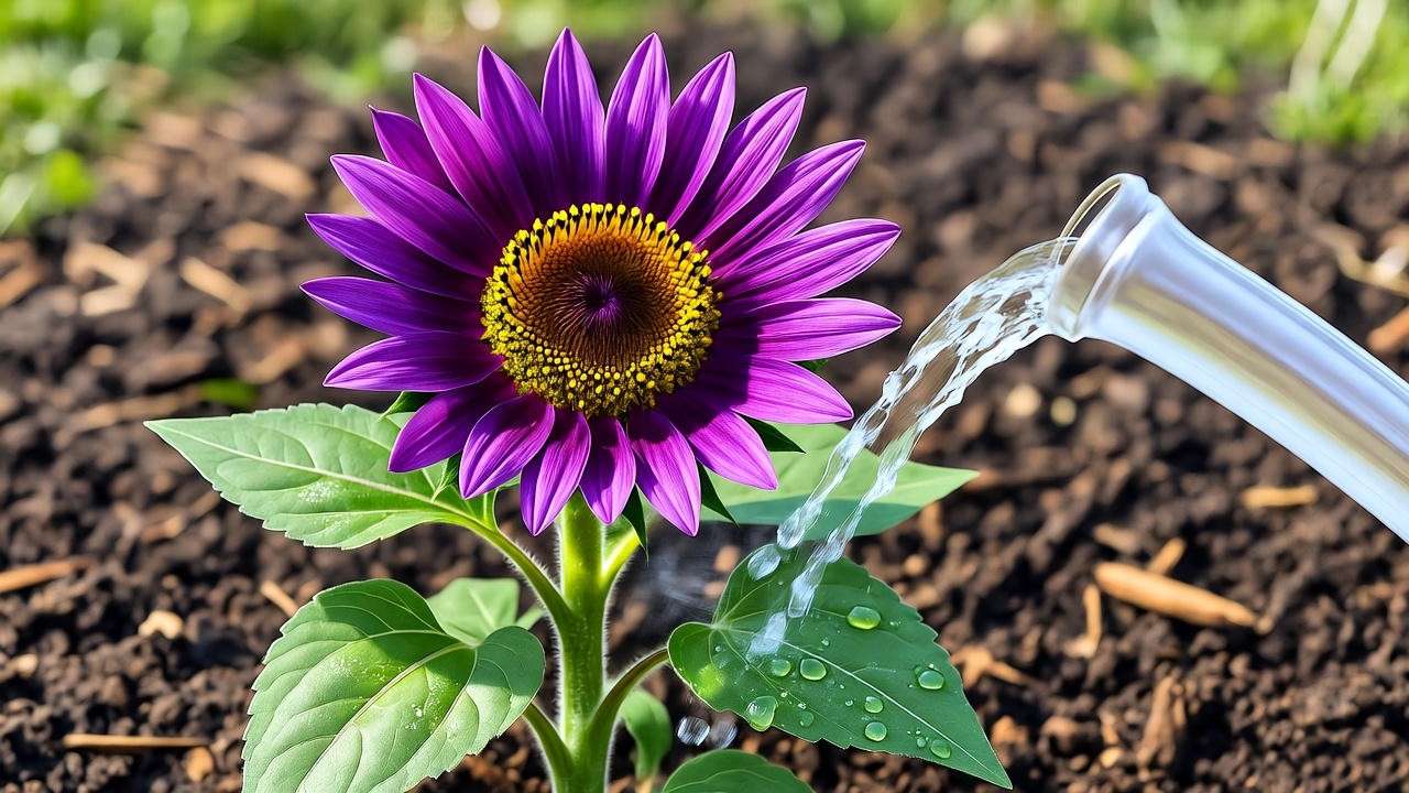 Purple sunflower plant watered with hose and mulch in garden."