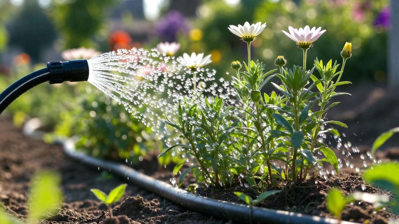 Soaker hose watering gloriosa daisy plants in a garden bed with moist soil and morning sunlight.
