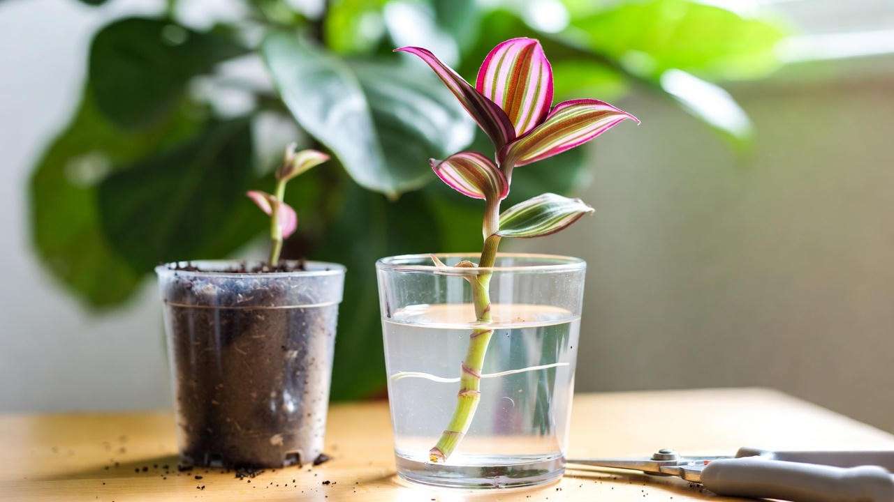 Tradescantia Nanouk stem cutting in a glass of water with roots forming, next to a pot of soil, illustrating propagation of coloured indoor plants.