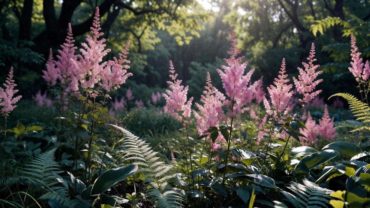 Pink astilbe plumes in a shaded woodland garden with ferns and hostas.