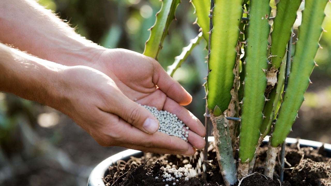Applying fertilizer to a dragon fruit plant to fix nutrient deficiencies, preventing yellow leaves in a garden setting.