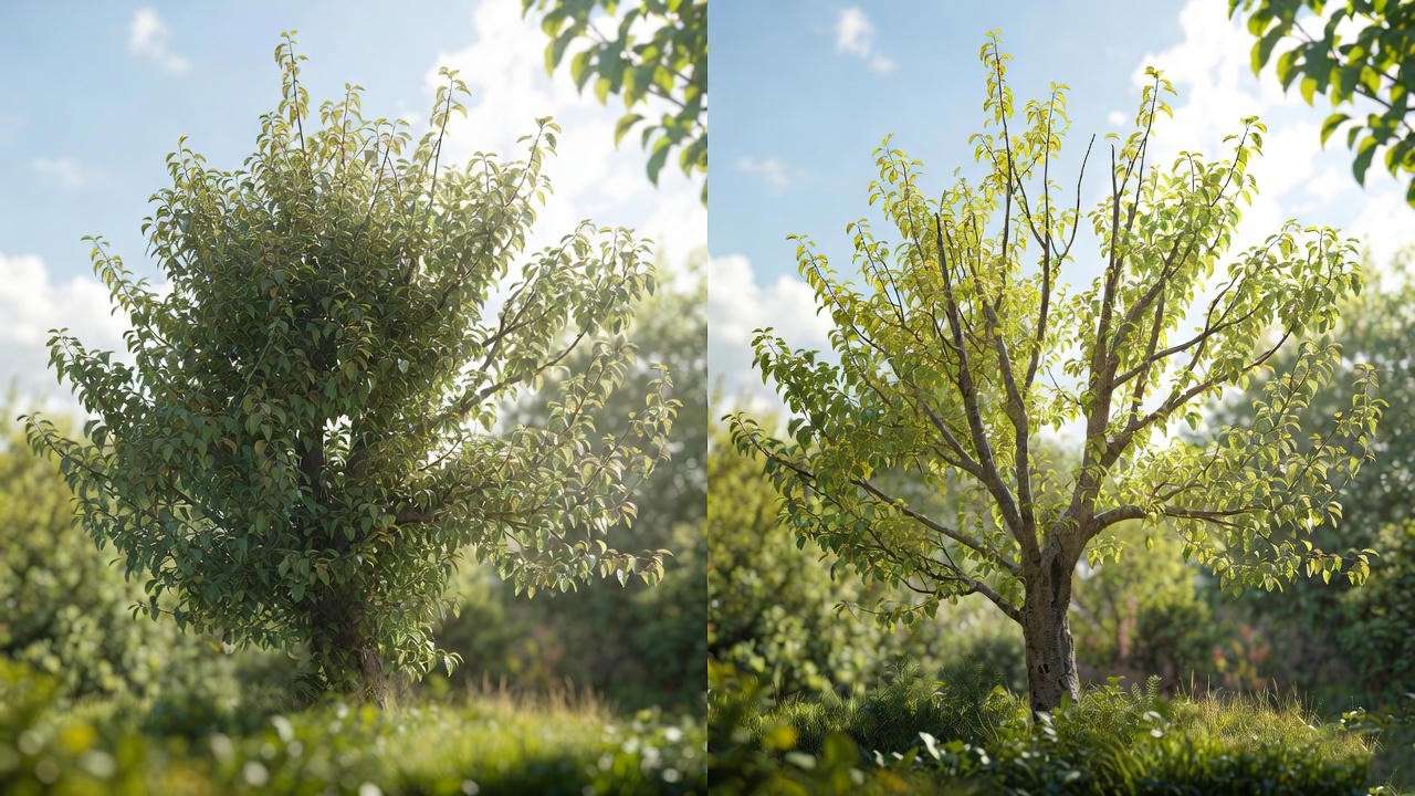  Before-and-after view of a pruned pear tree, showing overcrowded branches transformed into an open, healthy structure in a spring garden.
