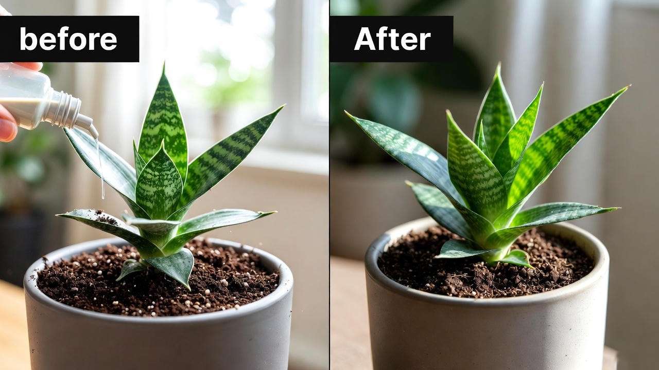 "Before and after fertilizing a starfish snake plant with new growth"

