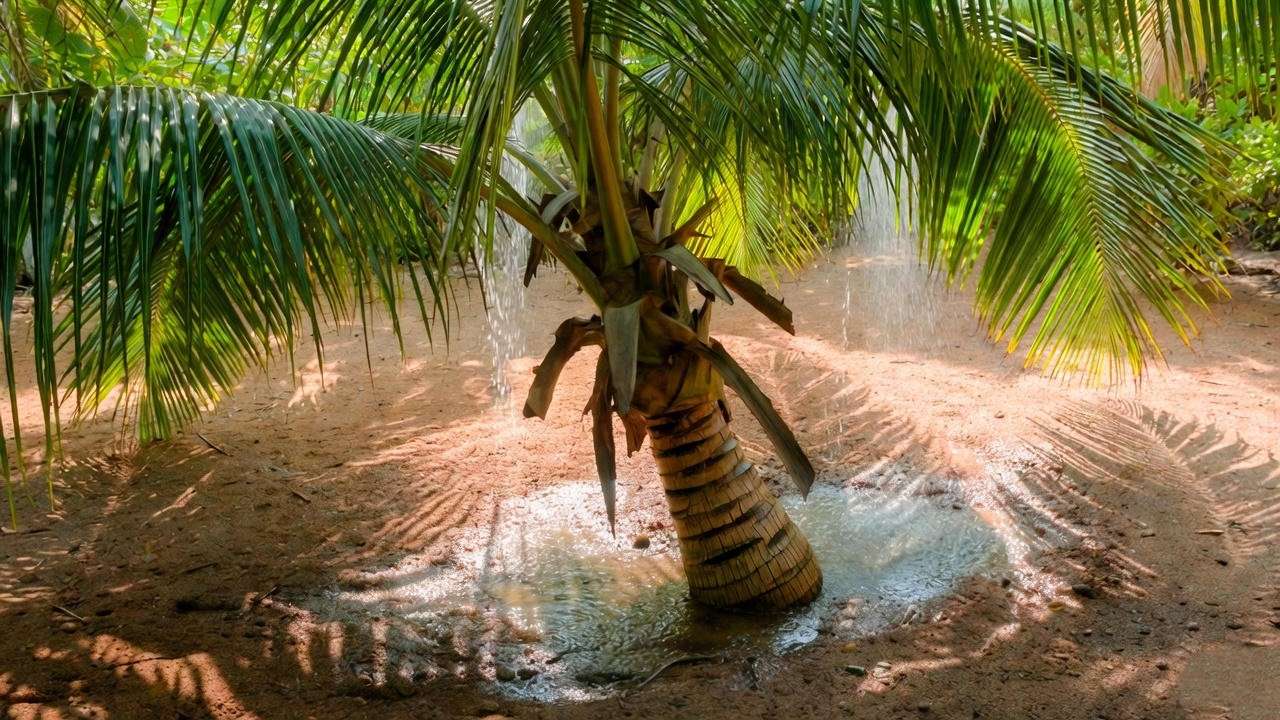 Healthy coconut tree receiving deep watering in sunny Florida.
