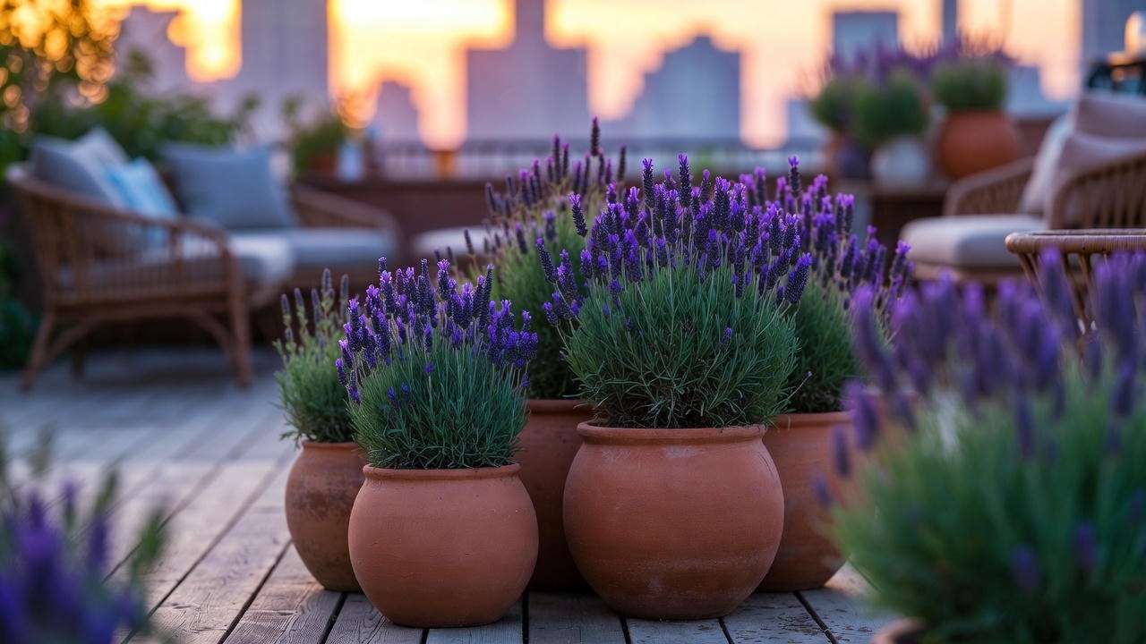 Terracotta sphere planters with lavender on a cozy balcony at sunset. 