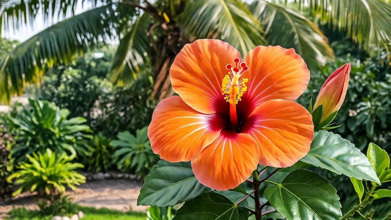 : Vibrant orange hibiscus flower in a tropical garden, showcasing bold petals against lush green foliage