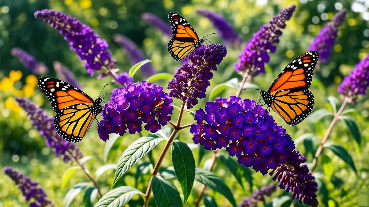 Black Knight butterfly bush with monarch butterflies on purple panicles