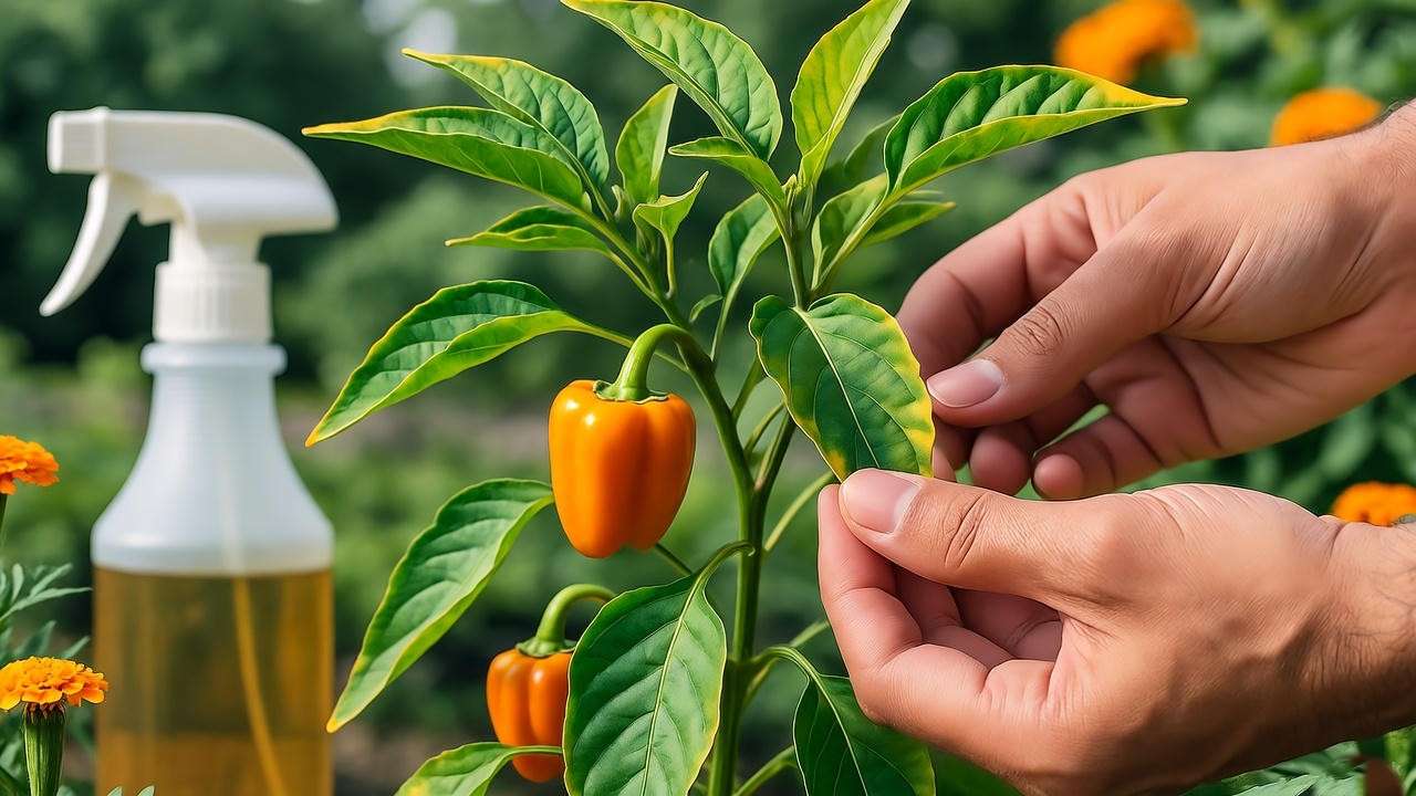 Gardener inspecting orange bell pepper plant for pests in a sunny garden, with neem oil and marigolds for natural pest control.