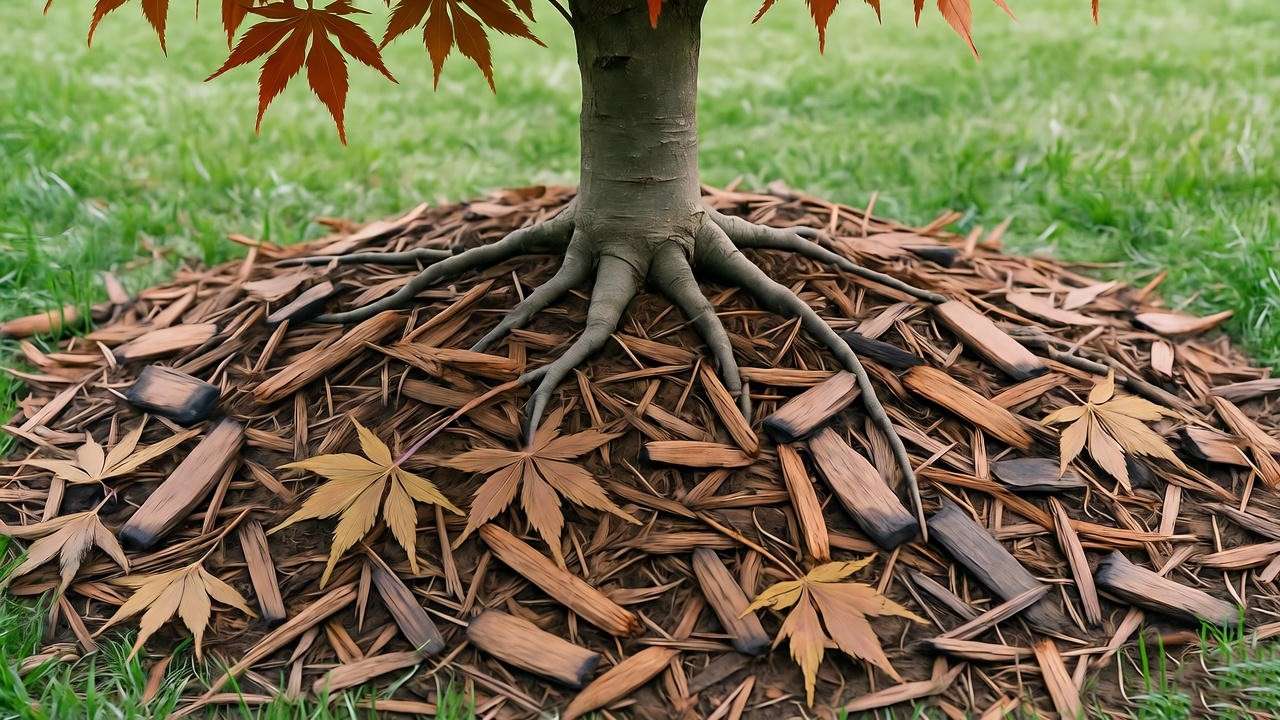 Japanese maple tree base with organic mulch layer in a garden, promoting soil health.