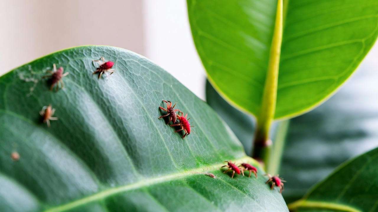Macro view of an indoor rubber plant leaf with spider mites, showing pest damage versus a healthy leaf.