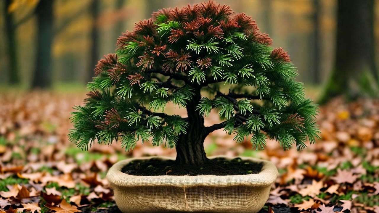 Red wood bonsai tree wrapped in burlap for winter protection in an outdoor setting with autumn leaves.
