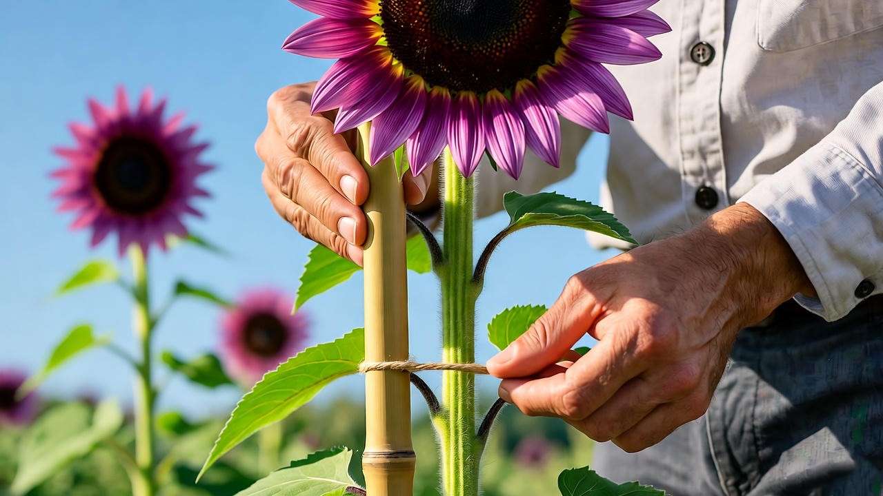 "Gardener staking tall purple sunflower with bamboo poles."