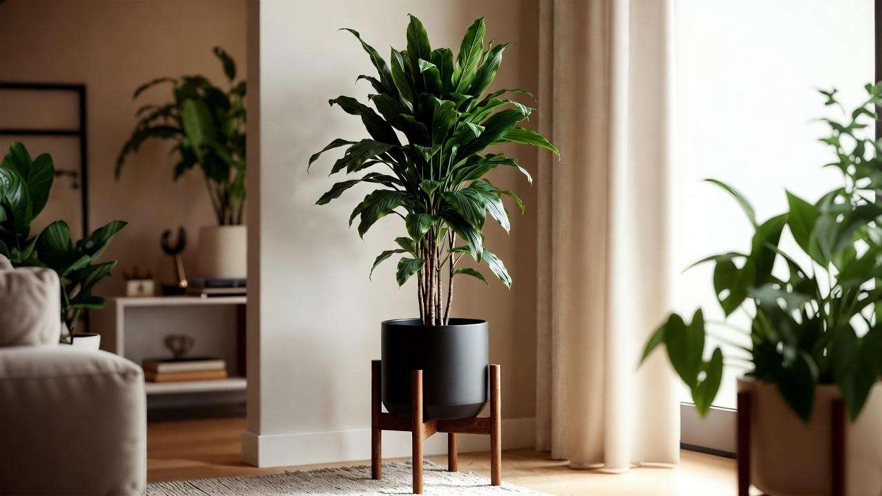 Indoor Dracaena plant in a black ceramic pot, styled in a modern living room corner with neutral decor and natural light.
