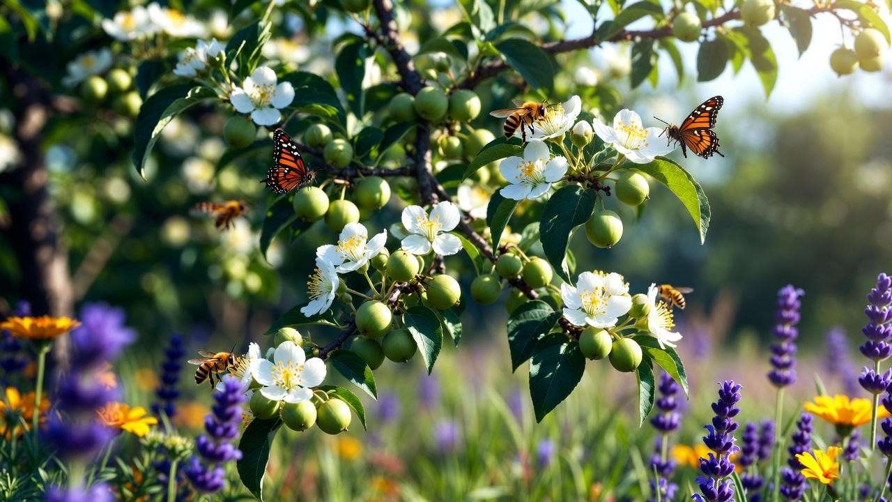 Close-up of a green fruit tree in bloom with bees and butterflies pollinating, surrounded by lavender and marigolds in a sunny orchard.
