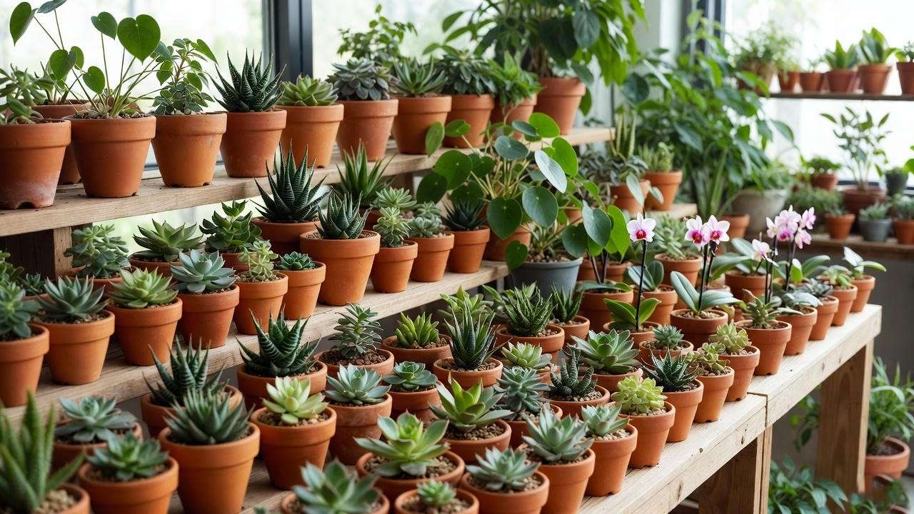 Local nursery shelf displaying small terrarium plants like Haworthia and Pilea glauca in pots, bathed in natural light.
