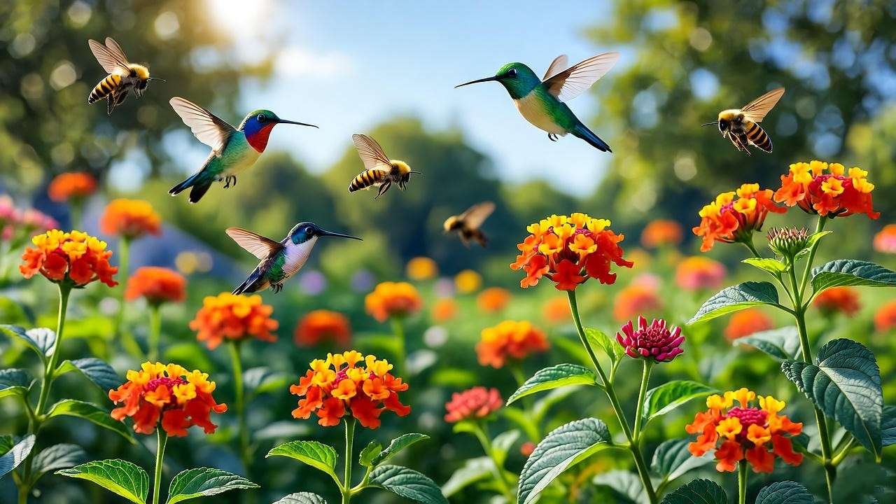 Orange lantana and butterfly weed attracting bees and hummingbirds in a pollinator-friendly garden.