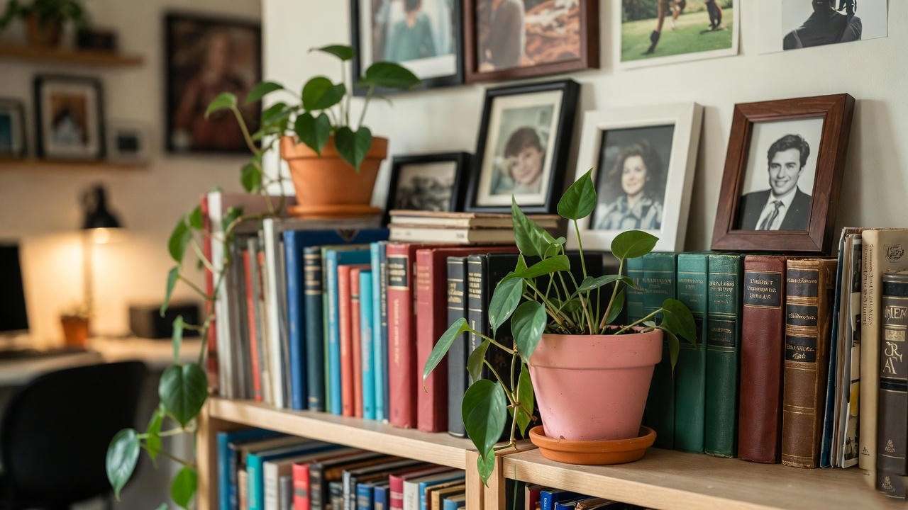 Pastel ceramic sphere planters with philodendron on a stylish bookshelf in a home office. 