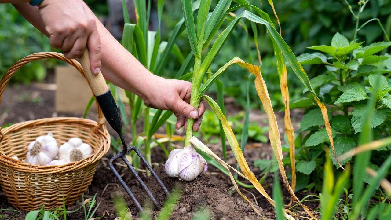 Gardener harvesting fall-planted garlic bulbs with a garden fork, showing mature bulbs in a summer garden