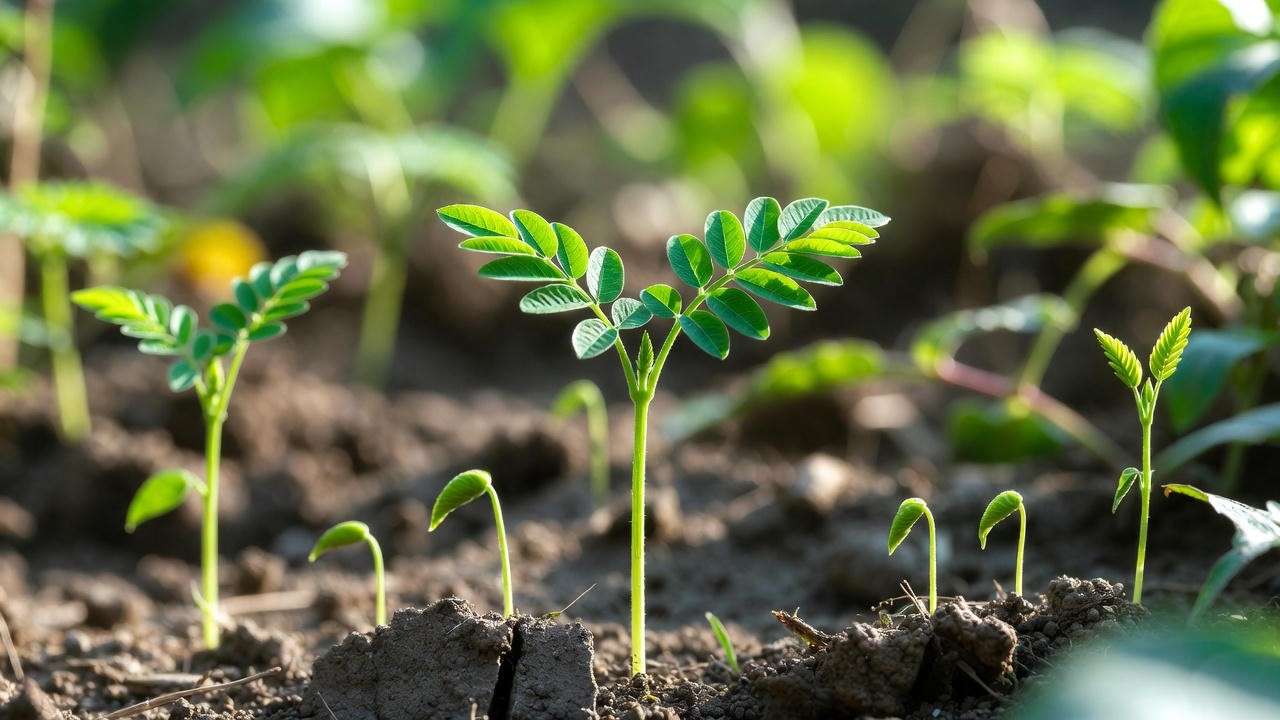 Healthy young moringa seedlings sprouting from soil