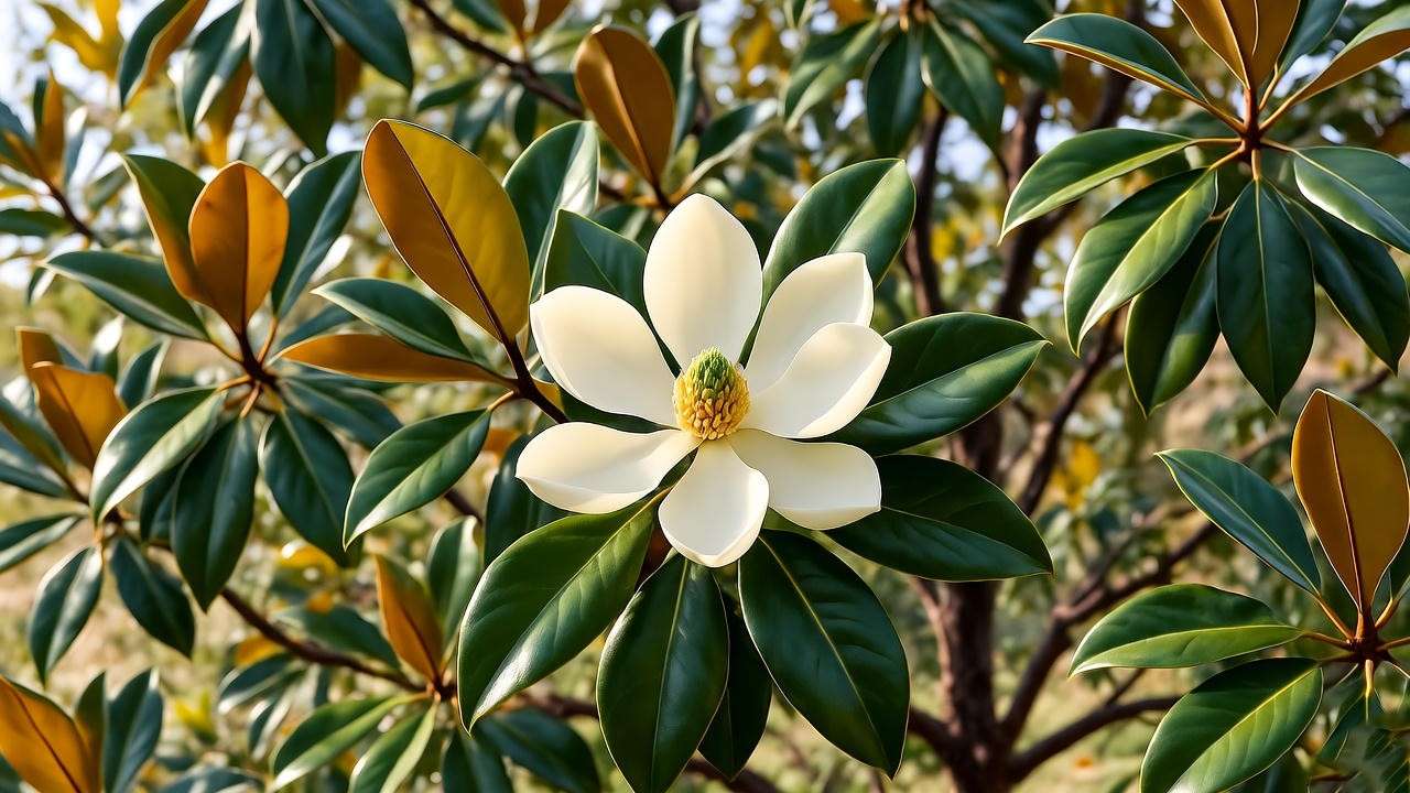 Little Gem magnolia tree with large white fragrant bloom and glossy leaves