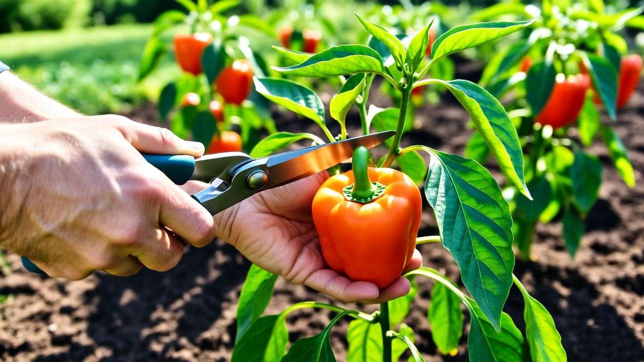 Gardener harvesting a ripe orange bell pepper with shears in a sunny garden, showcasing proper harvesting techniques for vibrant peppers.