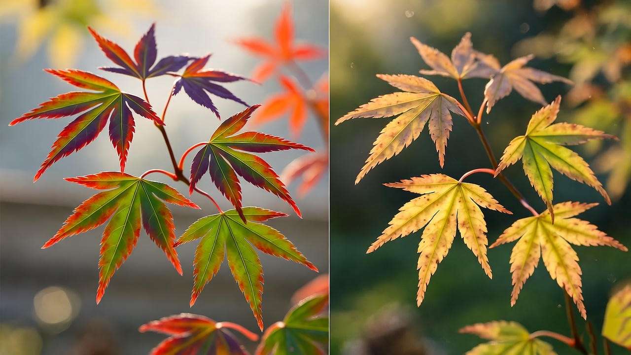 Comparison of healthy and nutrient-deficient Japanese maple leaves, highlighting fertilization benefits.