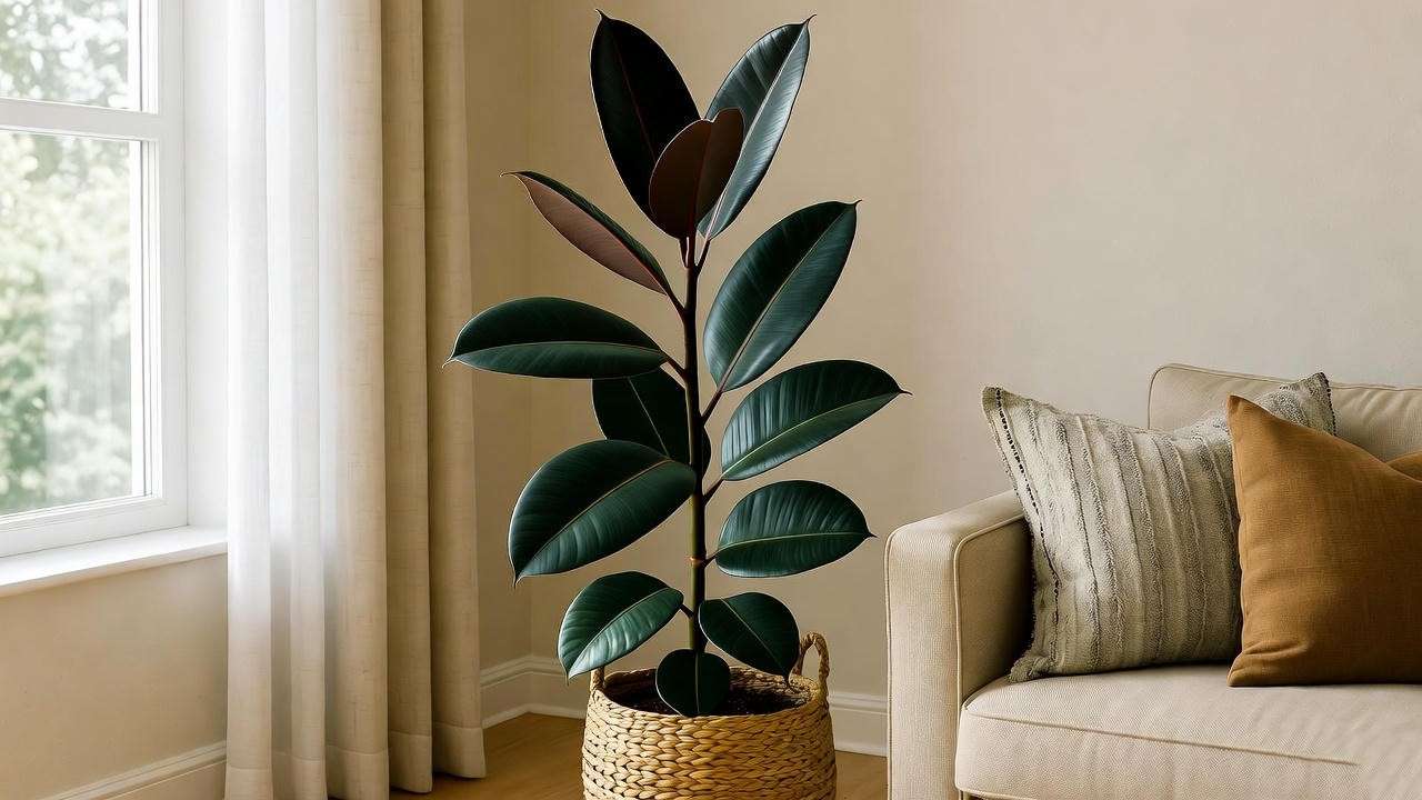 Indoor rubber plant in a woven basket, styled in a modern living room corner.
