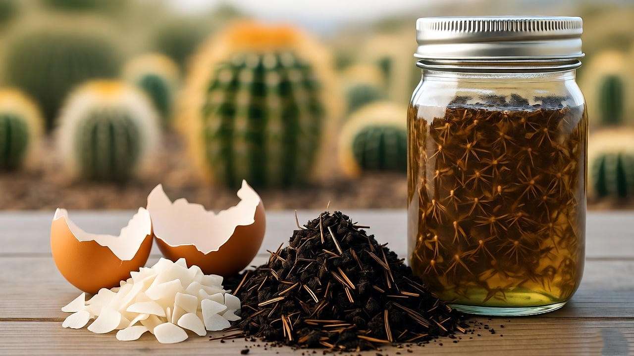 Crushed eggshells, compost, and compost tea on a wooden surface, representing DIY cactus plant food ingredients. 