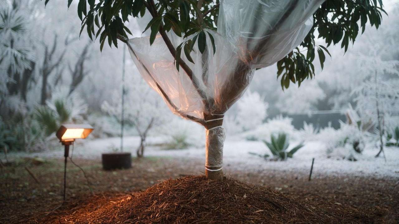 Lychee nut tree wrapped in frost cloth with mulch and heat lamp in winter. 