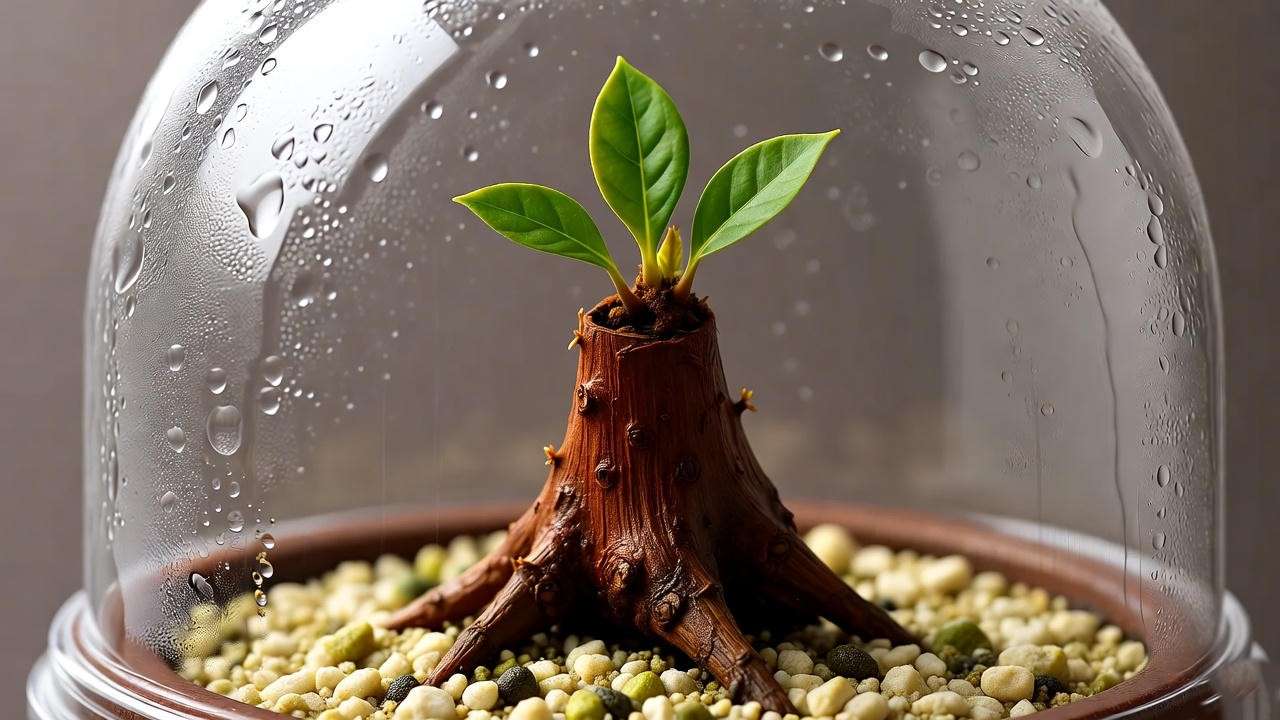 Red wood bonsai cutting in a pot with sand and perlite under a humid dome for propagation.
