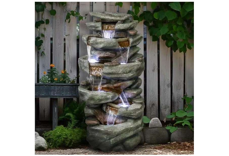 SunJet 40.5” High Rocks Outdoor Water Fountain - 6-Tiers Cascading Waterfall with LED Lights, Soothing Tranquility for Home Garden, Yard Decor