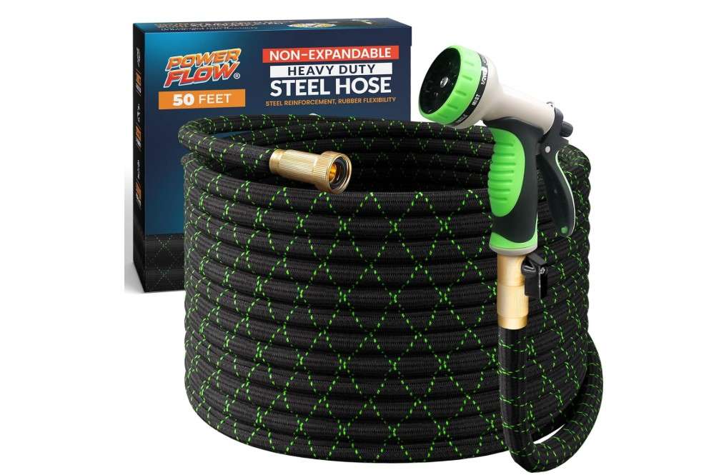 PowerFlow Garden Hose, NON-EXPANDABLE 50 Feet Premium Quality Stainless Steel Metal Water Hose with Durable Fabric Skin, Hose For Commercial, Residential...