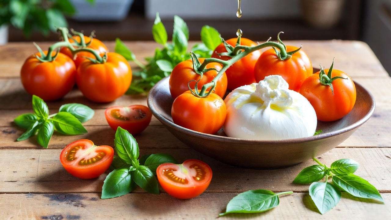 Fresh Sun Sugar cherry tomatoes served with burrata and basil