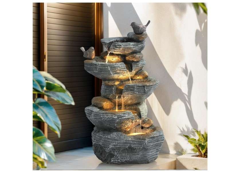 Grepatio Outdoor Water Fountain 5 Tier Cascading Rock Waterfalls Fountains with 4 LED Lights and Pump Indoor/Outdoor Modern Floor Standing Garden Water...