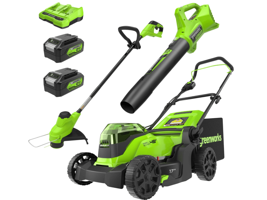 
Greenworks 48V (24V x 2) 17" Brushless Mower+12" String Trimmer +320CFM Blower,(2) 4.0Ah Batteries and 2A Dual Port Charger