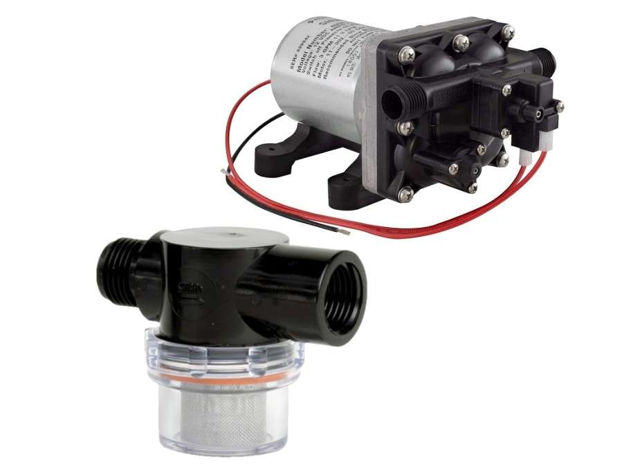 Shurflo 12 Volt RV Water Pump 3.0 GPM - 4008-101-A65 / E65 & 1/2" | RV Plumbing & Camper Water Pump | Twist-On Optional Pipe Strainer Bundle |...