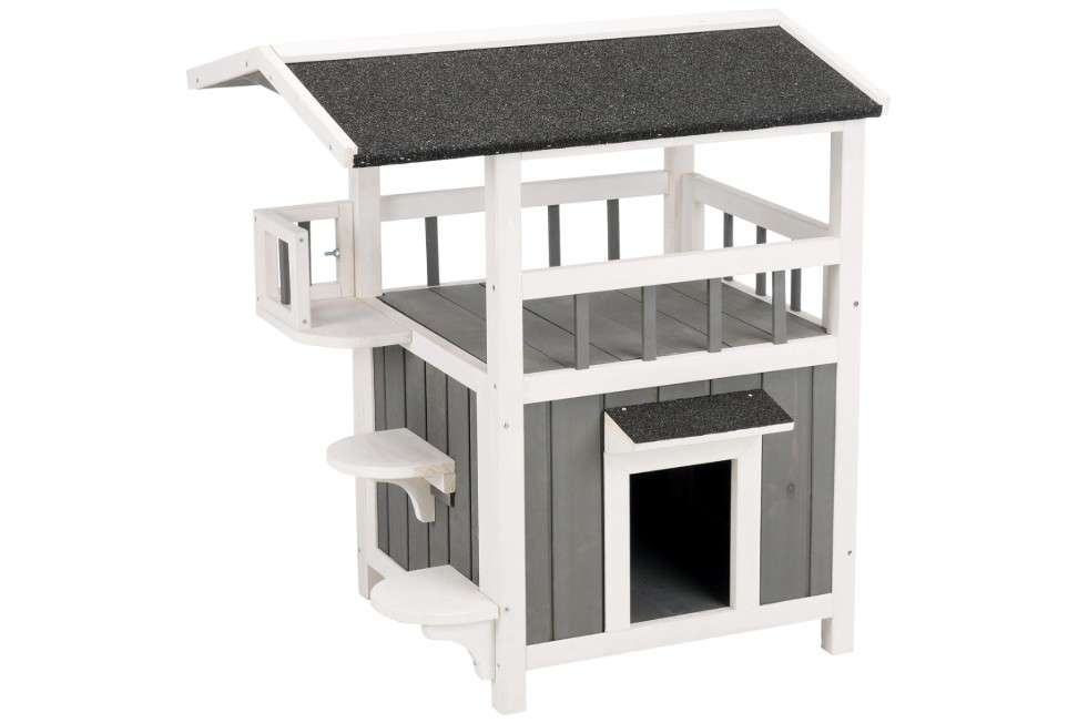 TRIXIE Outdoor Cat House, Weatherproof 2-Story Cat House with Balcony and Shade, Side Steps, Railings & Raised Floor, Outdoor Shelter for Cats and Small...
