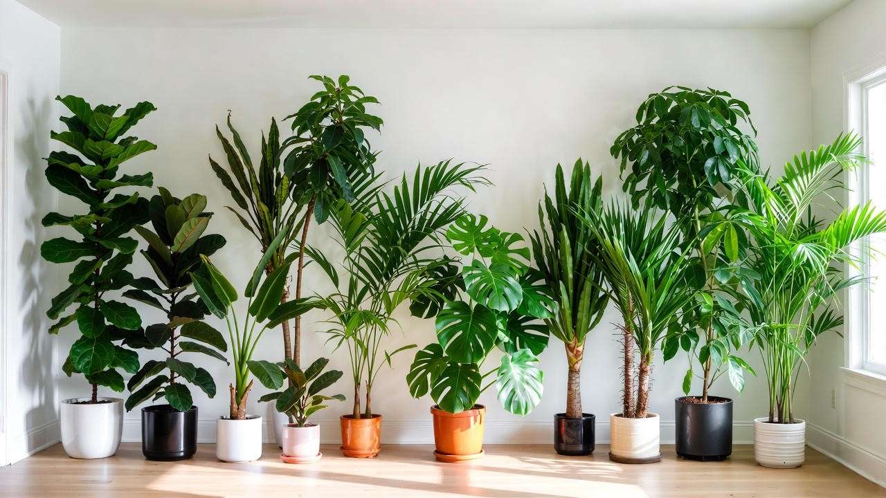 12 best huge indoor trees lined up in a bright modern living room – perfect species for ceiling-height houseplants