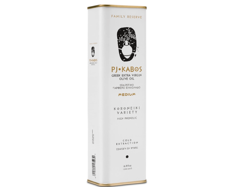 
P.J. KABOS 2024/25 Harvest, High Phenolic (450+mg/kg), Premium Greek Extra Virgin Olive Oil, Kosher, Greece, Cold Extracted, 16.9 oz Tin, Koroneiki