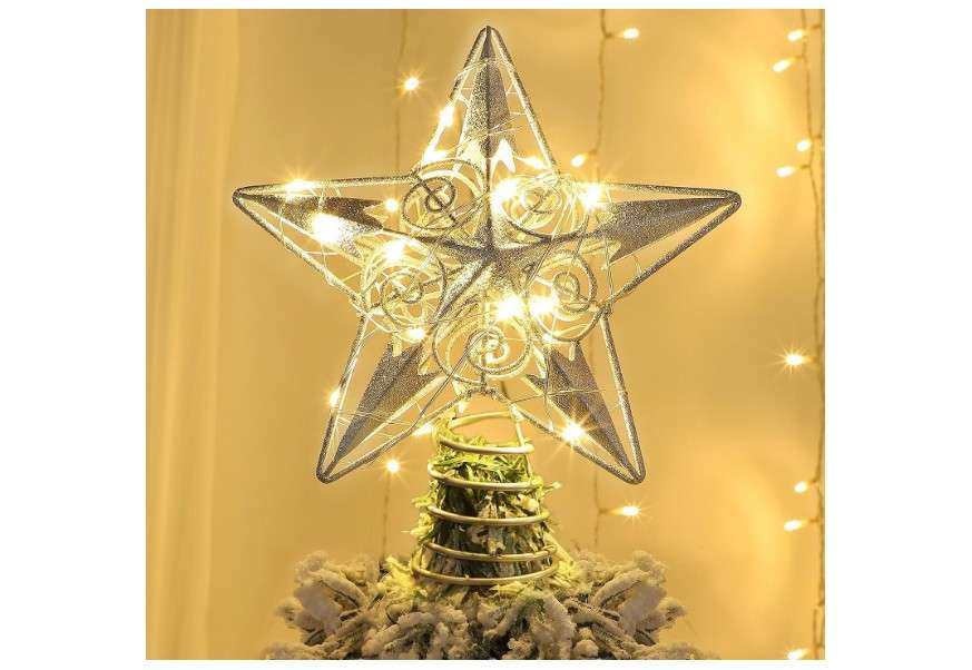 Juegoal Star Tree Topper with 20 LED Lights, Metal Silver Lighted Treetop Ornaments, Battery Powered Light Up Christmas Tree Decorations, 6.5 x 6.5 Inches